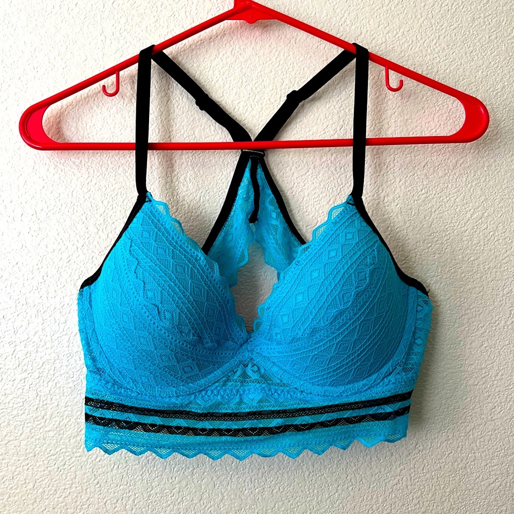 Victoria’s Secret PINK Black & Bright Blue Lace Racerback Bra - Size M